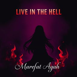 A captivating scene featuring the silhouette of a nice girl with long hair, set against a background of dark purple hues and dark red flames that evoke a hellish atmosphere
