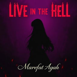 A captivating scene featuring the silhouette of a nice girl with long hair, set against a background of dark purple hues and dark red flames that evoke a hellish atmosphere
