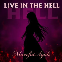 A captivating scene featuring the silhouette of a nice girl with long hair, set against a background of dark purple hues and dark red flames that evoke a hellish atmosphere