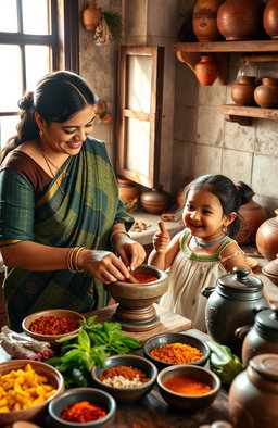A heartwarming scene in a traditional Kerala kitchen, featuring a mother and a young girl happily working together