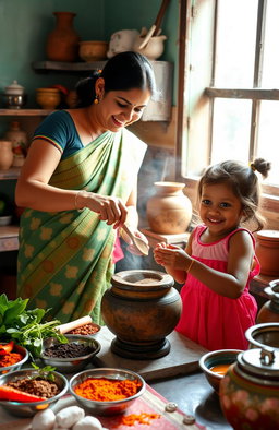 A heartwarming scene in a traditional Kerala kitchen, featuring a mother and a young girl happily working together