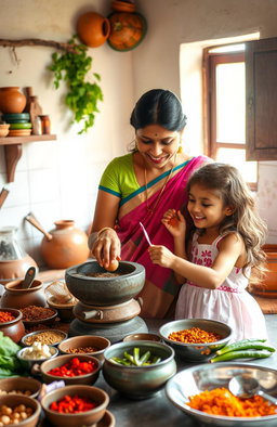 A heartwarming scene in a traditional Kerala kitchen, featuring a mother and a young girl happily working together