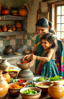 A heartwarming scene in a traditional Kerala kitchen, featuring a mother and a young girl happily working together