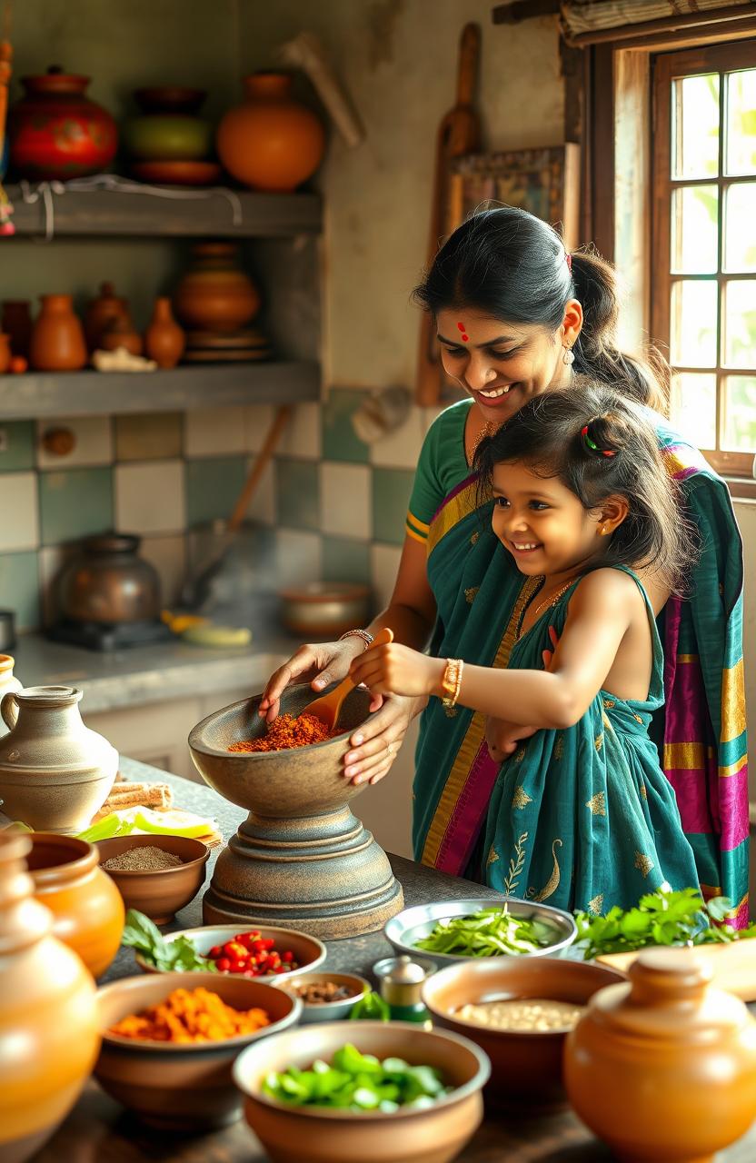 A heartwarming scene in a traditional Kerala kitchen, featuring a mother and a young girl happily working together