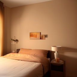 A welcoming Airbnb room with a bed, side table, beige bedside wall, warm lighting, a wall photo, and warm-coloured curtains