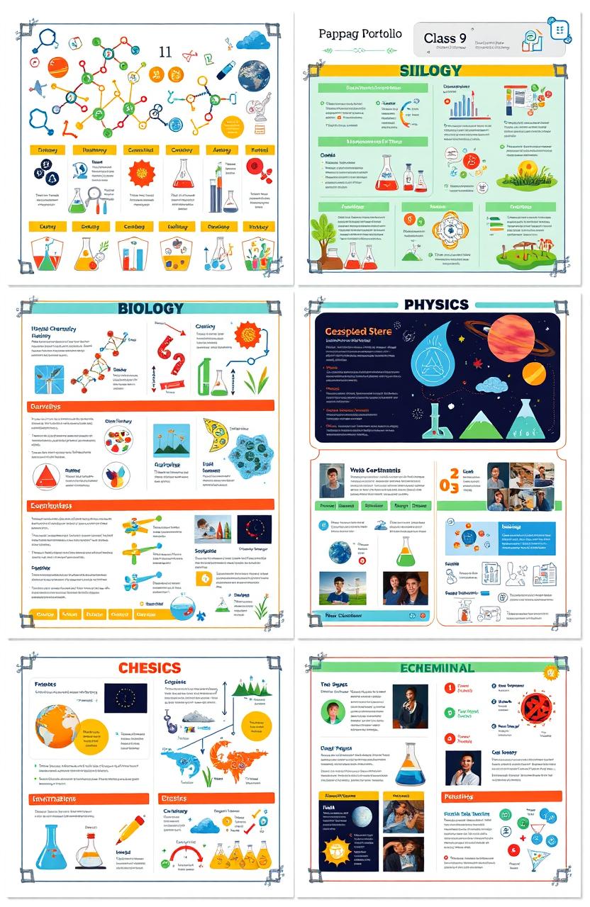 A visually stunning science portfolio created specifically for a class 9 student, showcasing various scientific themes and topics
