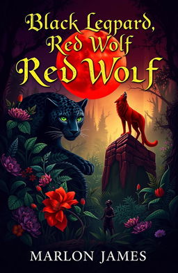 A stunning book cover design inspired by the themes of "Black Leopard, Red Wolf" by Marlon James, incorporating elements of African mythology