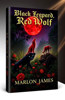 A stunning book cover design inspired by the themes of "Black Leopard, Red Wolf" by Marlon James, incorporating elements of African mythology