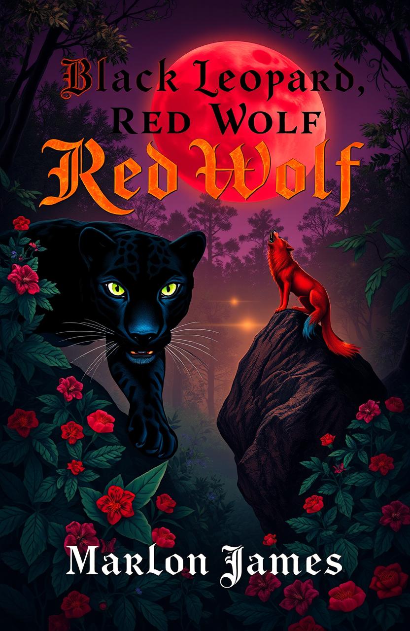 A stunning book cover design inspired by the themes of "Black Leopard, Red Wolf" by Marlon James, incorporating elements of African mythology