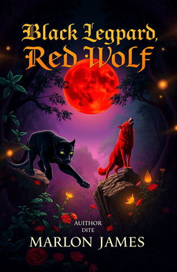 A stunning book cover design inspired by the themes of "Black Leopard, Red Wolf" by Marlon James, incorporating elements of African mythology