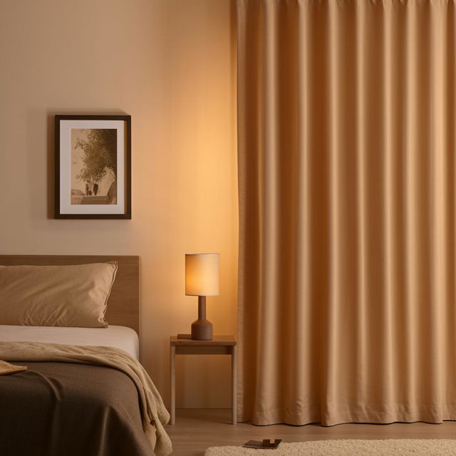 A welcoming Airbnb room with a bed, side table, beige bedside wall, warm lighting, a wall photo, and warm-coloured curtains