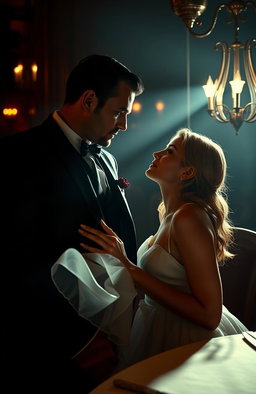 A captivating scene depicting a sexy, cold, and dangerous mafia boss engaging with an innocent woman