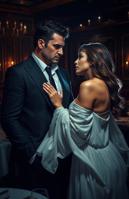A captivating scene depicting a sexy, cold, and dangerous mafia boss engaging with an innocent woman