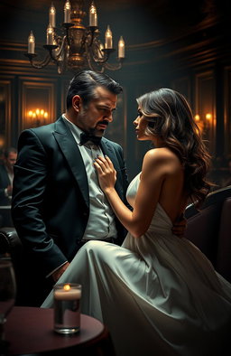 A captivating scene depicting a sexy, cold, and dangerous mafia boss engaging with an innocent woman