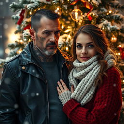 A striking winter scene featuring a cold, tattooed, and dangerous mafia boss who is falling for an innocent woman during Christmas time