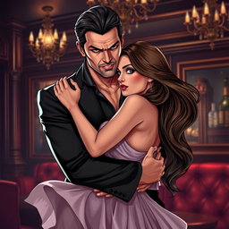 A stunning cover illustration showcasing a sexy, cold mafia man in a seductive embrace with a beautiful, innocent woman
