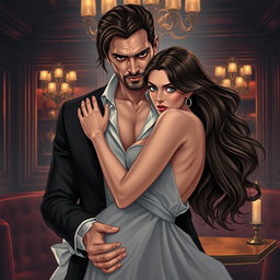 A stunning cover illustration showcasing a sexy, cold mafia man in a seductive embrace with a beautiful, innocent woman