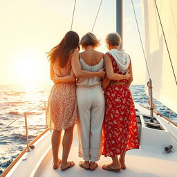 Three women of three generations are seen from behind, standing together on a modern sailboat, symbolizing movement and solidarity as they embark on a journey