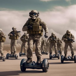 in the sky are 10 combatants in military camouflage  armed with assault rifles and clad in skeleton face mask and normal bullet proof vests on hover-boards