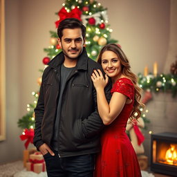 An enchanting scene featuring a mafia couple in a romantic pose against a Christmas-themed background