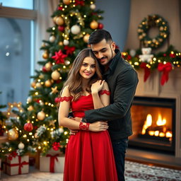 An enchanting scene featuring a mafia couple in a romantic pose against a Christmas-themed background