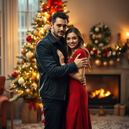 An enchanting scene featuring a mafia couple in a romantic pose against a Christmas-themed background