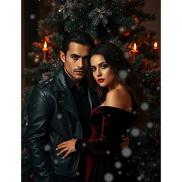 A captivating dark-themed scene featuring a mafia couple nestled together within a Christmas-themed background