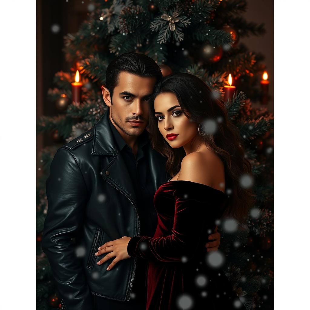 A captivating dark-themed scene featuring a mafia couple nestled together within a Christmas-themed background