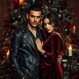 A captivating dark-themed scene featuring a mafia couple nestled together within a Christmas-themed background