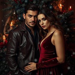 A captivating dark-themed scene featuring a mafia couple nestled together within a Christmas-themed background