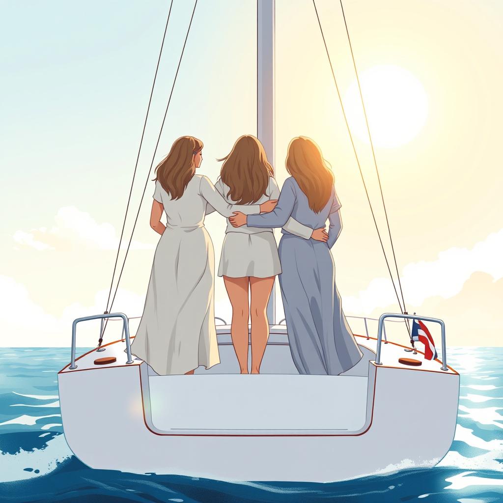 An illustrated scene featuring three women of three different generations seen from behind, gracefully standing on a modern sailboat as they embark on a journey