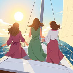An illustrated scene featuring three women of three different generations seen from behind, gracefully standing on a modern sailboat as they embark on a journey