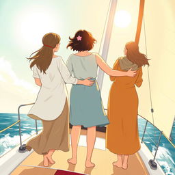 An illustrated scene featuring three women of three different generations seen from behind, gracefully standing on a modern sailboat as they embark on a journey