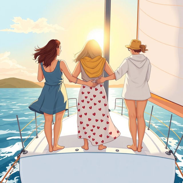 An illustrated scene featuring three women of three different generations seen from behind, gracefully standing on a modern sailboat as they embark on a journey