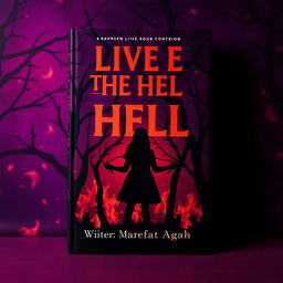 A striking book cover design featuring a dark purple background illuminated by fiery red flames