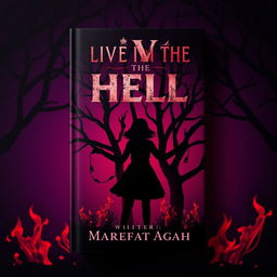 A striking book cover design featuring a dark purple background illuminated by fiery red flames