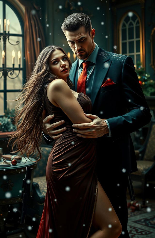 A dark themed Christmas scene featuring a tall, sexy mafia man with an intense gaze, possessively holding a beautiful damsel in distress