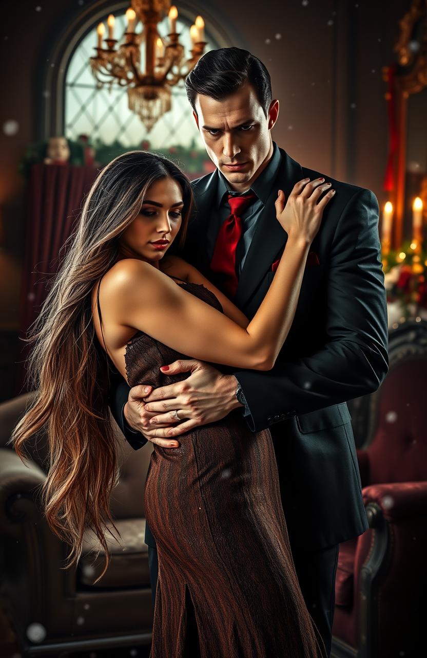 A dark themed Christmas scene featuring a tall, sexy mafia man with an intense gaze, possessively holding a beautiful damsel in distress