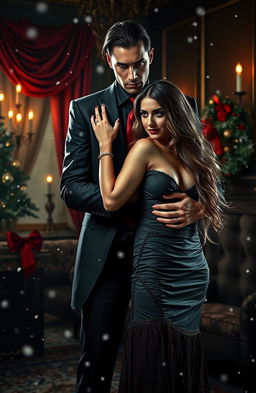 A dark themed Christmas scene featuring a tall, sexy mafia man with an intense gaze, possessively holding a beautiful damsel in distress