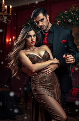 A dark themed Christmas scene featuring a tall, sexy mafia man with an intense gaze, possessively holding a beautiful damsel in distress
