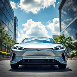 A sleek and modern BYD Atto 3 electric car parked in a vibrant urban setting, showcasing its aerodynamic design and futuristic features