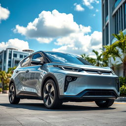 A sleek and modern BYD Atto 3 electric car parked in a vibrant urban setting, showcasing its aerodynamic design and futuristic features