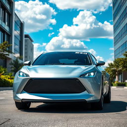 A sleek and modern BYD Atto 3 electric car parked in a vibrant urban setting, showcasing its aerodynamic design and futuristic features
