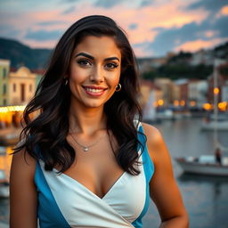 An attractive woman around 35 years old with dark long hair and a warm tan, featuring expressive almond-shaped eyes and full lips that give her charm and charisma