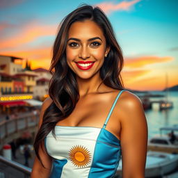 An attractive woman around 35 years old with dark long hair and a warm tan, featuring expressive almond-shaped eyes and full lips that give her charm and charisma