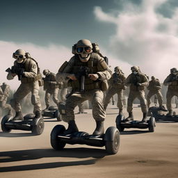 in the sky are 10 combatants in military camouflage  armed with assault rifles and clad in skeleton face mask and normal bullet proof vests on hover-boards