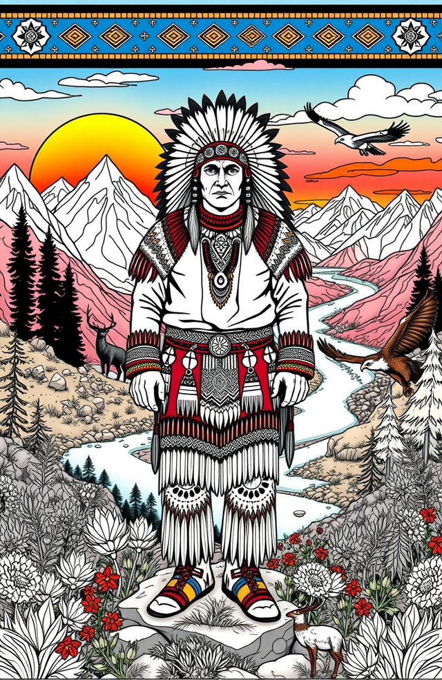 A detailed illustration for an adult coloring book featuring American Indian themes