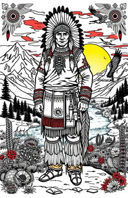 A detailed illustration for an adult coloring book featuring American Indian themes