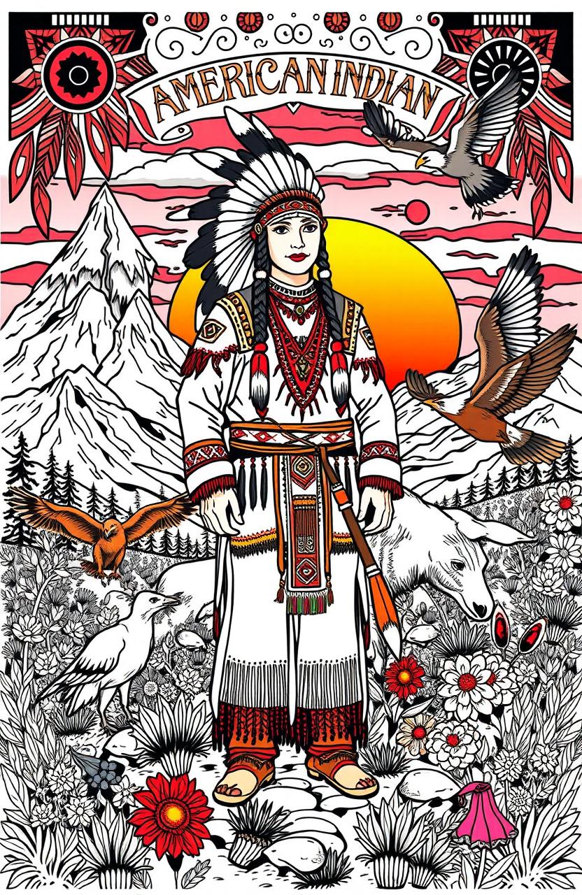 A detailed illustration for an adult coloring book featuring American Indian themes