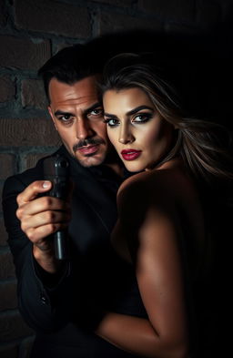 A dark-themed scene featuring a cold and sexy mafia man, with a chiseled jawline and piercing eyes, seductively pinning a beautiful woman against a textured brick wall
